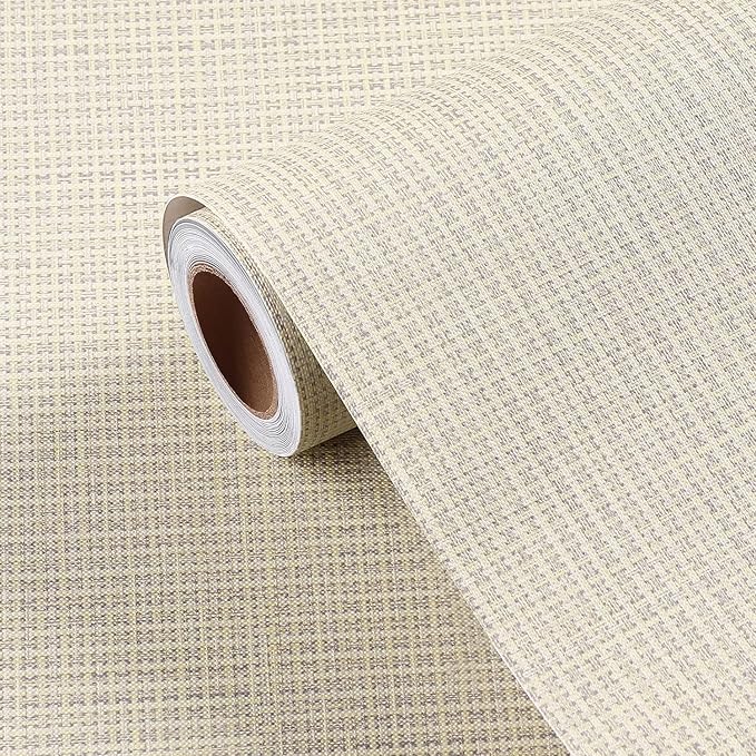 FunStick 24"x394" Grasscloth Peel and Stick Wallpaper Textured Removable Beige Faux Grass Cloth Wallpaper Rolls for Room Walls Renter Friendly Rattan Fabric Wall Paper for Cubicle Beige Contact Paper
