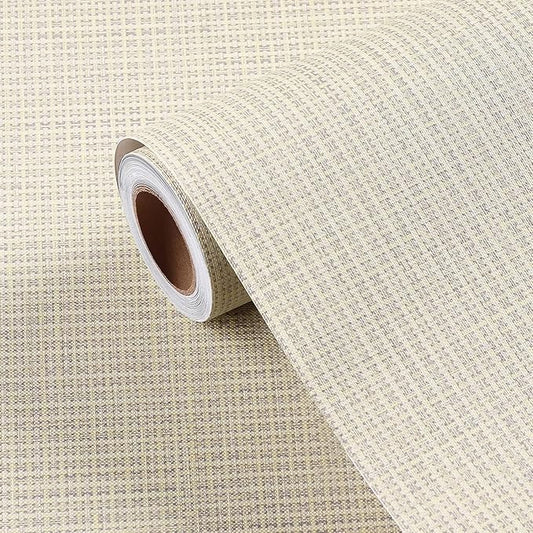FunStick 24"x394" Grasscloth Peel and Stick Wallpaper Textured Removable Beige Faux Grass Cloth Wallpaper Rolls for Room Walls Renter Friendly Rattan Fabric Wall Paper for Cubicle Beige Contact Paper