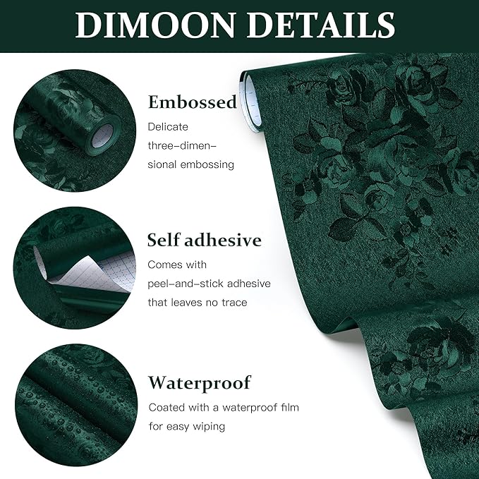 Dimoon 17.7''x393.7''Green Peel and Stick Wallpaper Gothic Floral Wall Paper Contact Paper Closeout Renter Friendly Modern Self Adhesive(393.7''x17.7'', Blackish Green Floral Textured)