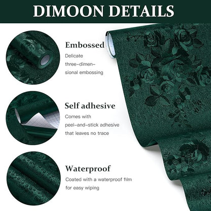 Dimoon 17.7''x236.2''Green Peel and Stick Wallpaper Gothic Floral Wall Paper Contact Paper Closeout Renter Friendly Modern Self Adhesive(236.2''x17.7'', Blackish Green Floral Textured)