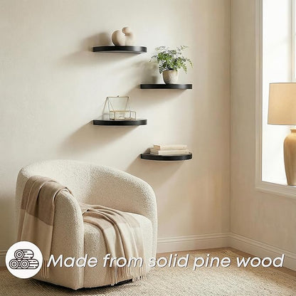 Small Wood Floating Shelves (4-Pack, 8-inch Diameter) - Round Sturdy Invisible Wall Mount Display for Small Plants,Toys,Bathroom,Living Room Storage & Modern Rustic Décor (Black)