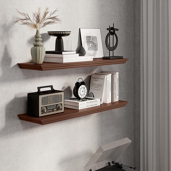 Fun Memories Floating Shelves 36 Inch Long, 9.3 Inch Deep Classic Crown Molding Floating Shelves for Wall, Rustic Wooden Shelves for Wall Decor Bathroom, Kitchen, Office, (Walnut, 2Pack)