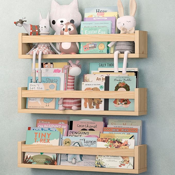 NATURE SUPPLIES Set of 3, 23.1 Inches, Natural Wood Floating Shelves for Wall, Kids Bookshelf for Bedroom, Nursery Storage, Decorative Wall Shelves for Kids Rooms