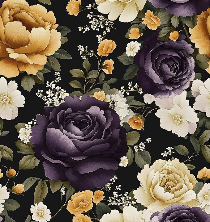 Floral Black Vintage Wallpaper Peel and Stick Dark Purple Beige Peony Contact Paper 17.5" x 118" Boho Wall Paper Modern Vinyl Self Adhesive Waterproof Removable for Kitchen Backsplash Cabinet Decor