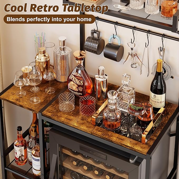 Mini Fridge Stand with Storage Shelves, Kitchen Bakers Rack, Coffee Bar, Microwave Oven Stand, Wine Cabinet, Refrigerator Stand with 5 Lockable S Hooks for Dorm, Apartment, Living Room, Office