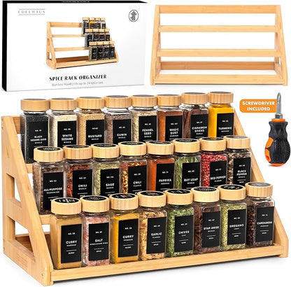 3 Tier Bamboo Spice Rack Organizer for Cabinet – Fits 24 Spice Jars, 17.5” Wide Countertop & Cabinet Organizer for Kitchen Organization, Seasoning Organizer Shelf (Jars Not Included)
