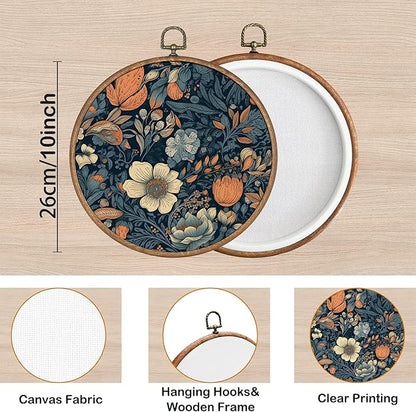 KSDUT Aesthetic Flower Dark Blue Wall Art Decor - Botanical Neutral Mid Century Modern Wall Art Canvas Frame Hanging Prints, Vintage Landscape Round Wall Art Decor for Home Decorations 10"x10"