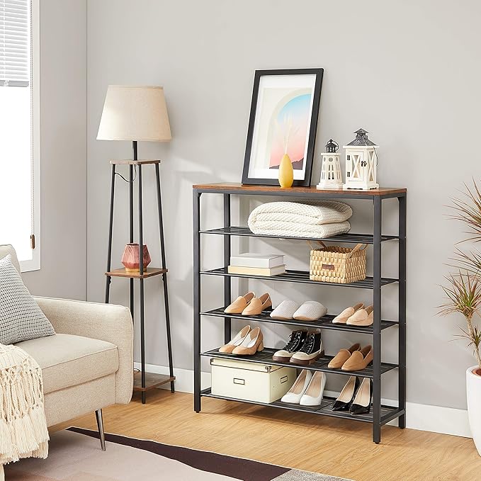 VASAGLE 6-Tier Shoe Rack, Shoe Organizer for Closet, Entryway, 24-30 Pairs of Shoes, Large Shoe Rack Organizer with 5 Metal Mesh Shelves, 11.8 x 39.4 x 43.3 Inches, Rustic Brown and Black ULBS016B01