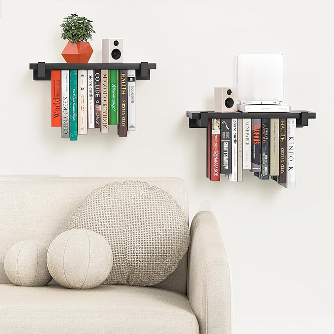 2 Set of Floating Bookshelf, Pine Wood Invisible Bookshelf, Hanging Bookshelves for Wall, Unique Space Saving Wall Bookcase, New Black (16.5L×8.7W×1.5H)