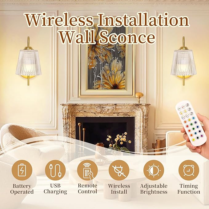 Vintage Battery Wall Sconce with Flower lampshade,Rechargeable Battery Powered Wall Lights,Wall lamp with 15 Colors for Bedroom Living Room Home Decor (Clear Stripe, 2 Light Battery Operated)