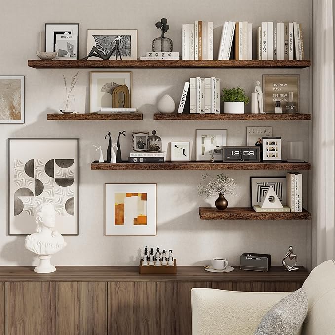 Floating Shelves for Wall, 22.5"W x 8"D Wall Shelf, Rustic Wood Floating Shelf 22.5 Inch Long, Bathroom Shelves Set of 2, 8 Inch Deep Floating Shelves for Living Room, Bedroom, Kitchen, Rustic Brown