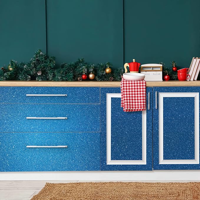 CHIHUT Sparkle Blue Glitter Wallpaper Stick and Peel 15.7''x100'' Self Adhesive Blue Glitter Contact Paper for Walls Removable Fabric Glitter Wallpaper Vinyl Roll for Table Gift Drawers Art Crafts