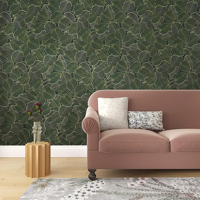 Dark Green Leaf Contact Paper for Cabinets Sage Green Peel and Stick Wallpaper 16x354inch Matte Thick Removable Vinyl Self Adhesive Wall Paper Rolls Waterproof Plant Flower Vinyl Wrap for Shelf Liner