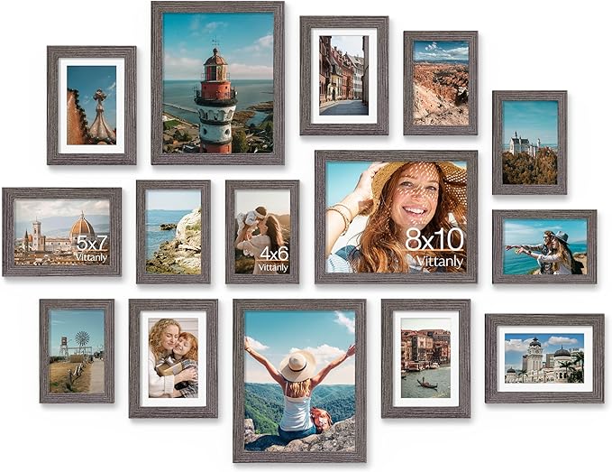 Vittanly 15 Pack Picture Frames Collage Wall Decor for Mounting or Tabletop Display, Gallery Frame Set for Family, Multi Sizes Including 3pcs 8x10, 6pcs 5x7, 6pcs 4x6, Rustic Grey