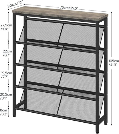 Shoe Rack, 5-Tier Slanted Shoe Storage Shelf, Narrow Shoe Rack for Entryway, Shoe Organizer with Adjustable Feet, Slim Shoe Shelf with Wooden Top and Metal Frame, Greige and Black TXJ02BG