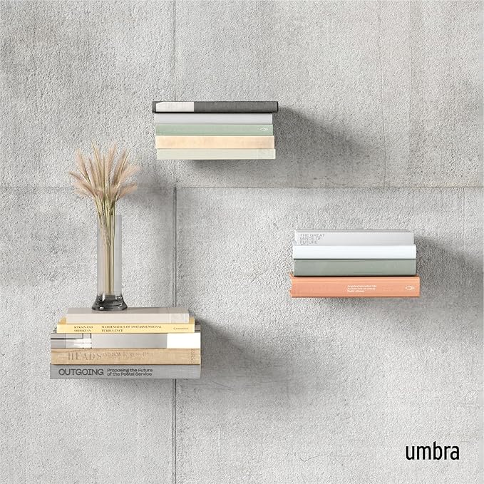 Umbra Conceal, Sturdy Metal Floating Bookshelf for Wall, Silver, Small, Set of 3