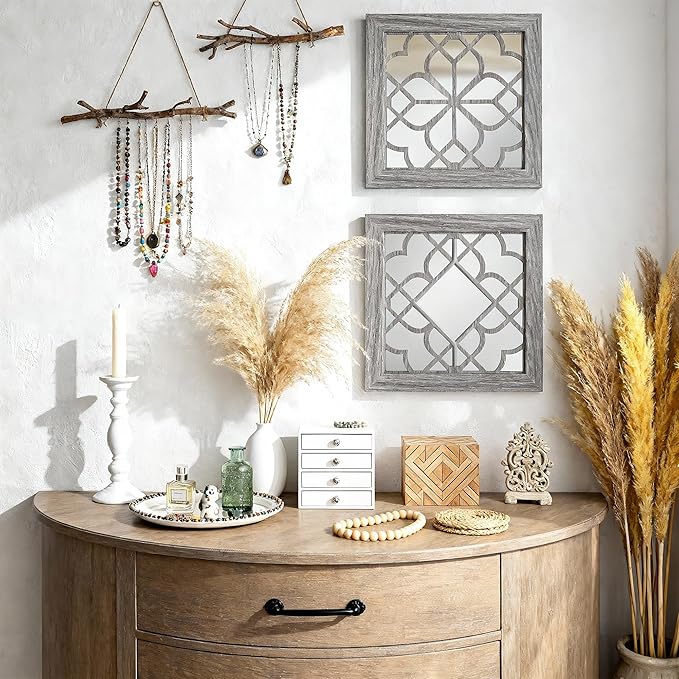 Boho Wall Mirror Decor, Set of 2 Rustic Farmhouse Accent Mirror 12x12 Inch, Square Shatterproof Vintage Style Mirrors for Wall, Small Decorative Mirrors for Living Room, Bedroom(Brown)