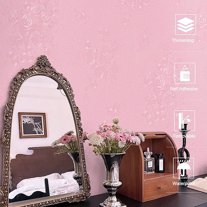 Dimoon 17.7''x236.2''Pink Peel and Stick Wallpaper Gothic Floral Wall Paper Contact Paper Closeout Renter Friendly Modern Self Adhesive(236.2''x17.7'', Pink Floral Textured)