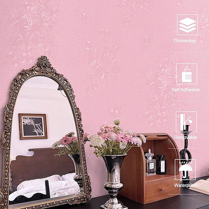Dimoon 17.7''x393.7''Pink Peel and Stick Wallpaper Gothic Floral Wall Paper Contact Paper Closeout Renter Friendly Modern Self Adhesive(393.7''x17.7'', Pink Floral Textured)