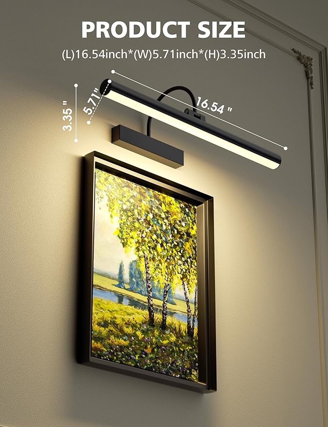 VOLISUN Picture Lights for Wall, 16 inch Rechargable Picture Light Battery Operated, 3 Color Temperatures Cordless Picture Light with Remote, Art Light for Paintings, Gallery, Portrait, 1 Pack (Black)