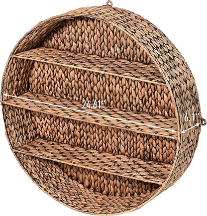 happimess WRK1000B Annulus 24.61" 3-Shelf Circular Handwoven Hyacinth Wall Rack, Bright Brown for Storage and Decoration in Bathroom, Bedroom, Living Room