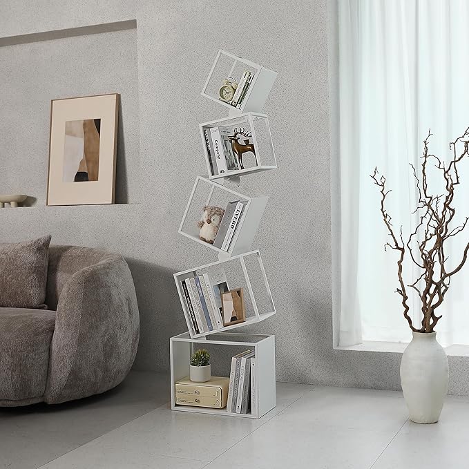 Bookshelf, Metal Bookcase 5-Tier 67", Modern Unique Floor Corner Book Shelf, Display Storage Bookcase for Living Room, Bedroom, Office, Home Decor