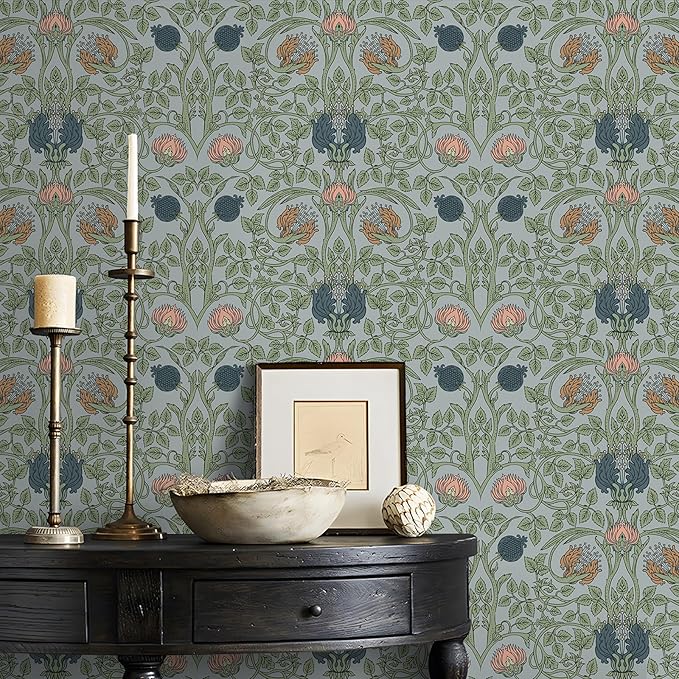 VEELIKE Retro Blue Floral Wallpaper Peel and Stick Vintage Floral Art Deco Wallpaper for Bedroom Bathroom 17.7''x118'' Removable William Morris Wall Paper Prepasted Adhesive Contact Paper for Walls