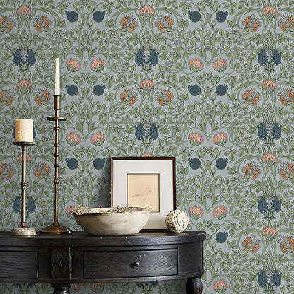 VEELIKE 17.7''x354'' Retro Floral Peel and Stick Wallpaper Vintage Blue Floral Wallpaper for Bedroom Living Room Removable Prepasted William Morris Wallpaper Self Adhesive Contact Paper for Walls