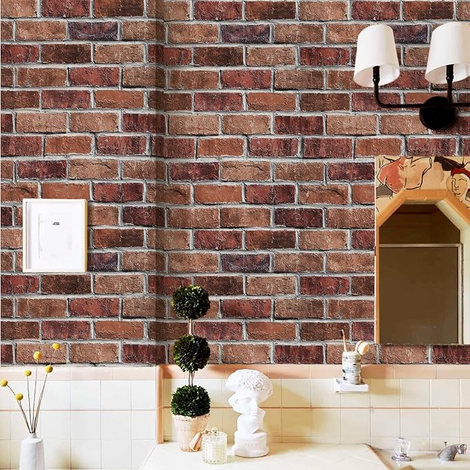 Rugreat Red Brick Peel and Stick Wallpaper Faux Brick Contact Paper for Cabinets Self Adhesive Removable Wallpaper for Backsplash Waterproof Textured Contact Paper for Fireplace Vinyl 17.3inW 120inL