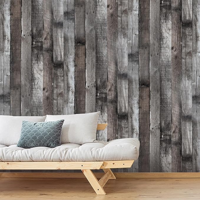 Yun-aeon Natural Wood-Dark Grey Wood Contact Paper Peel and Stick Wallpaper 17.3