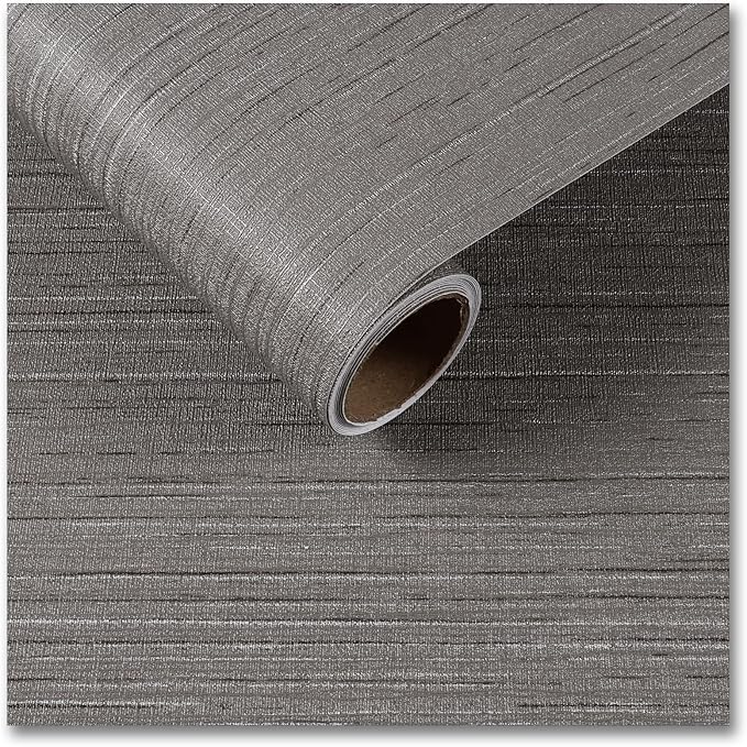 CRE8TIVE Dark Grey Grasscloth Wallpaper Removable Textured Wallpaper Stick and Peel Grasscloth Contact Paper for Cabinets Waterproof Self Adhesive Fabric Wall Paper for Bathroom Bedroom Walls 12"x354"