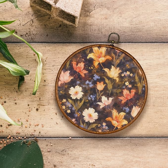 KSDUT Aesthetic Flower Orange Wall Art Decor - Botanical Neutral Mid Century Modern Wall Art Canvas Frame Hanging Prints, Vintage Landscape Round Wall Art Decor for Home Decorations 10"x10"