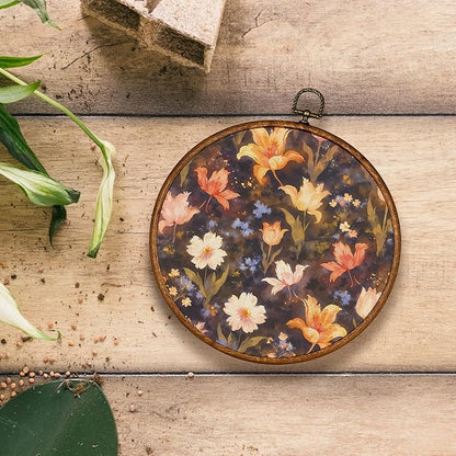 KSDUT Aesthetic Flower Orange Wall Art Decor - Botanical Neutral Mid Century Modern Wall Art Canvas Frame Hanging Prints, Vintage Landscape Round Wall Art Decor for Home Decorations 10"x10"