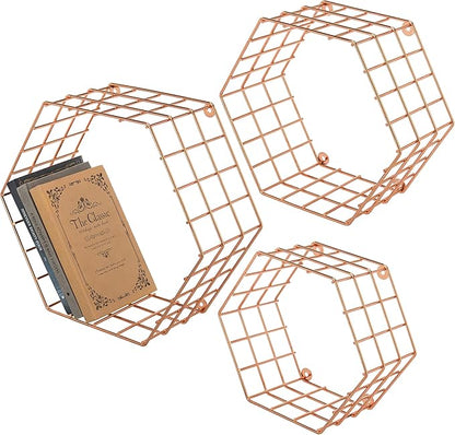 MyGift Copper Floating Hexagon Shelves, Hexagonal Copper-Tone Wire Wall-Mounted Hanging Shelf, Set of 3