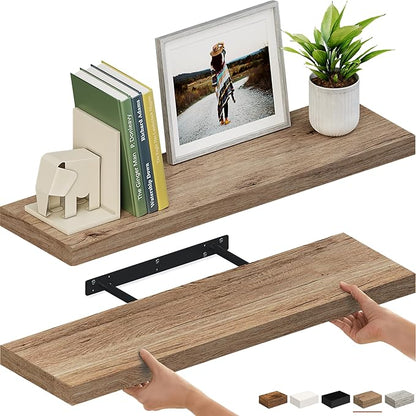 Ballucci Floating Shelves for Wall, 36" Wood Wall Shelf Set of 2, with Invisible Brackets for Bathroom, Living Room, Bedroom, Kitchen, Nursery, 8" Deep, Oak Finish