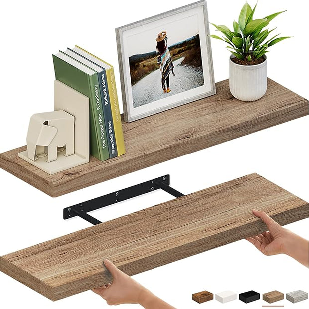 Ballucci Floating Shelves for Wall, 36" Wood Wall Shelf Set of 2, with Invisible Brackets for Bathroom, Living Room, Bedroom, Kitchen, Nursery, 8" Deep, Oak Finish
