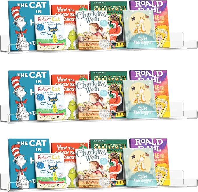 36 Inches Clear Acrylic Floating Shelves Wall, Bookshelf for Kids, Nursery Book Shelves, Magazine Rack, Picture Ledge Shelf for Photo Frames Vinyl Records, Pack of 3