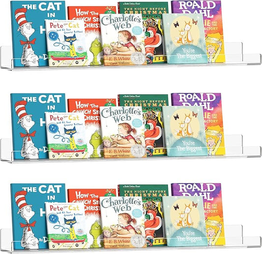 24 Inches Clear Acrylic Floating Shelves Wall, Bookshelf for Kids, Nursery Book Shelves, Magazine Rack, Picture Ledge Shelf for Photo Frames Vinyl Records, Pack of 3