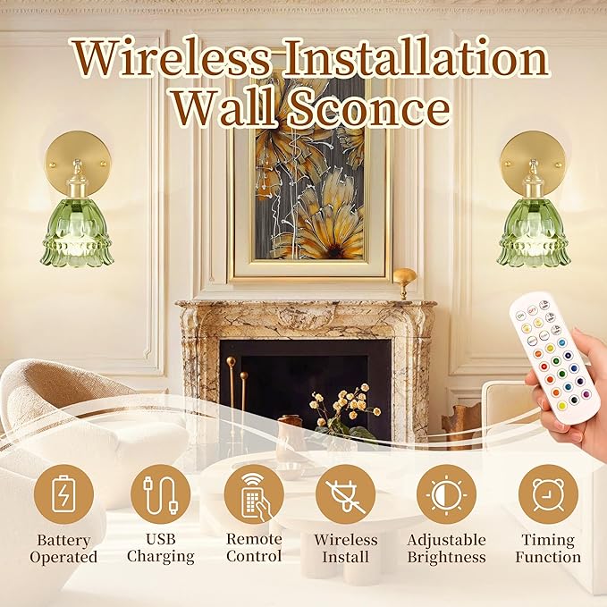 Vintage Battery Wall Sconce with Flower lampshade,Rechargeable Battery Powered Wall Lights,Wall lamp with 15 Colors for Bedroom Living Room Home Decor (Lily Green, 1 Light Battery Operated)