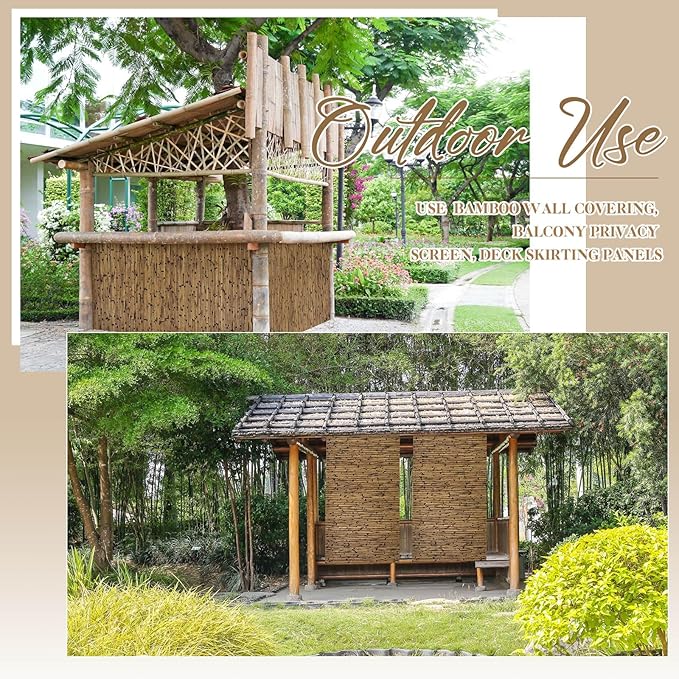 Juexica 1 Pcs Natural Bamboo Wall Panel for Interior Wall 48''x96'' Bamboo Covering Renewable Pole Wainscoting Room Divider Wrap Decor for Bedroom Living Room Kitchen Island Office (Dark Burned)