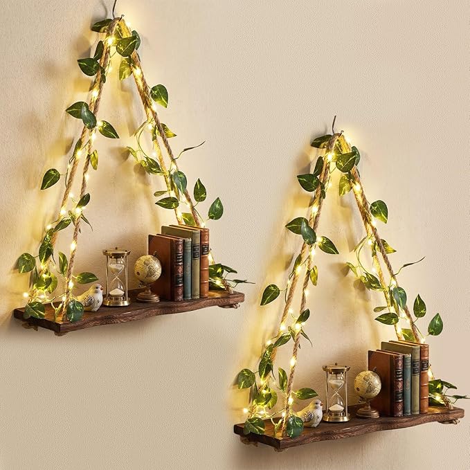 2 Set Floating Shelves for Wall, Plant Wall Decor, Hanging Shelf, Floating Shelves with Irregular Wooden Board Design LED Lights and Green Leaves, Boho Hanging Shelf for Home Decor Holiday