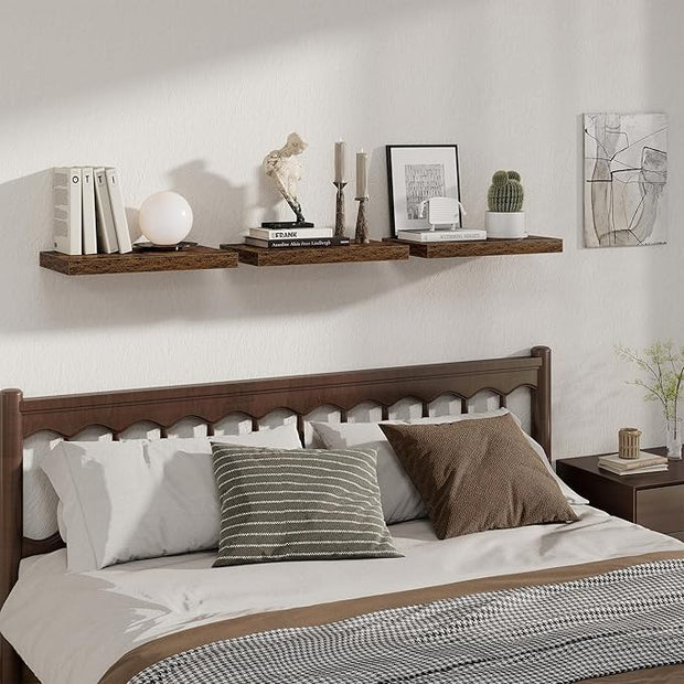 Fun Memories 12 Inch Deep Floating Shelves for Wall, 20 Inch Long Wall Mounted Storage Shelf, 3 Pack Hanging Wood Shelf for Farmhouse, Bedroom, Kitchen, Living Room, Rustic Brown