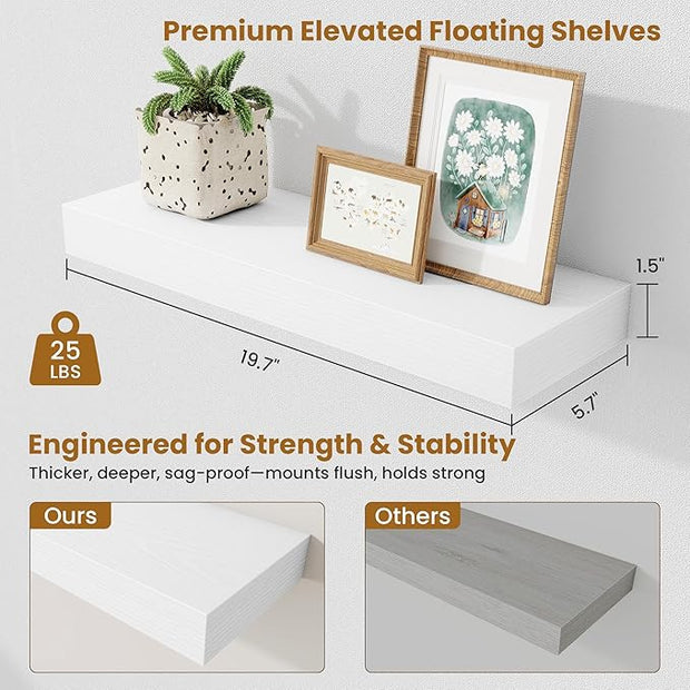 Fun Memories Floating Shelves Bathroom for Wall Mounted Shelves, 20 Inch Wood Shelf Set of 2, Home Storage & Display Decor, White
