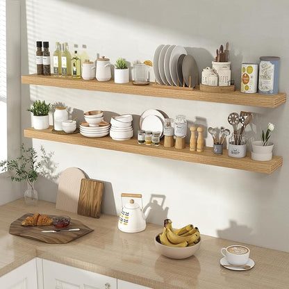 55 Inch Floating Shelves for Wall 2 Pack, 55" Wall Shelves for Books, Storage, Decor, Wall Mounted Floating Shelf with Invisible Brackets for Kitchen, Living Room, Light Brown
