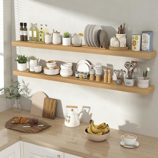 55 Inch Floating Shelves for Wall 2 Pack, 55" Wall Shelves for Books, Storage, Decor, Wall Mounted Floating Shelf with Invisible Brackets for Kitchen, Living Room, Light Brown
