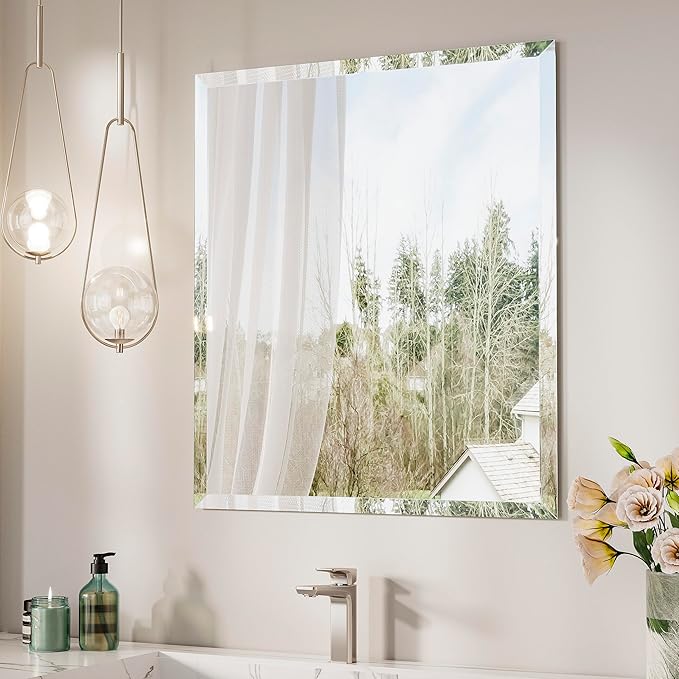 Keonjinn 24 x 30 Inch Beveled Bathroom Mirror, Rectangle Bathroom Mirrors for Over Sink, Shatterproof Wall Mirror, Modern Decorative for Living Room, Entryway, Bedroom, Horizontal/Vertical