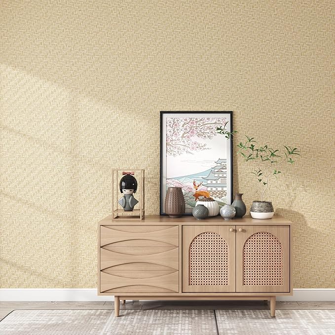 Haimin Fabric Wallpaper Textured Contact Paper (24in X 393in) Grasscloth Wallpaper Peel and Stick Faux Linen Wall Paper Self-Adhesive Vinyl Looks Like Woven Straw (Yellow Beige)