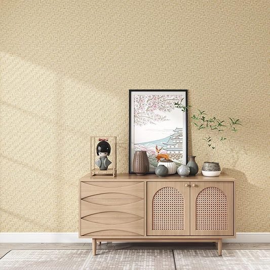 Haimin Fabric Wallpaper Textured Contact Paper (24in X 393in) Grasscloth Wallpaper Peel and Stick Faux Linen Wall Paper Self-Adhesive Vinyl Looks Like Woven Straw (Yellow Beige)