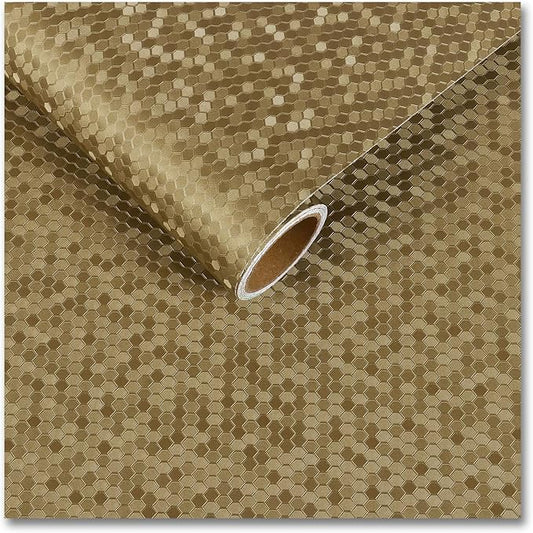 CRE8TIVE Mustard Gold Wallpaper Stick and Peel Metallic Hexagon Gold Contact Paper for Countertops Waterproof Self Adhesive Honeycomb Textured Kitchen Wallpaper for Refrigerator Backsplash 12"x354"