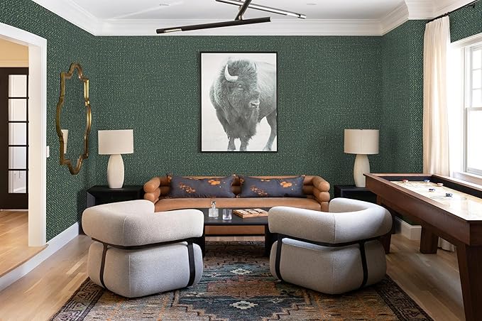 Guvana Grasscloth Peel and Stick Wallpaper Green/Gold Textured Contact Paper Vintage Removable Self Adhesive Wall Paper Thicken Fabric Faux Linen Wallpaper for Bathroom Living Room Decor 78.7inx15.7in